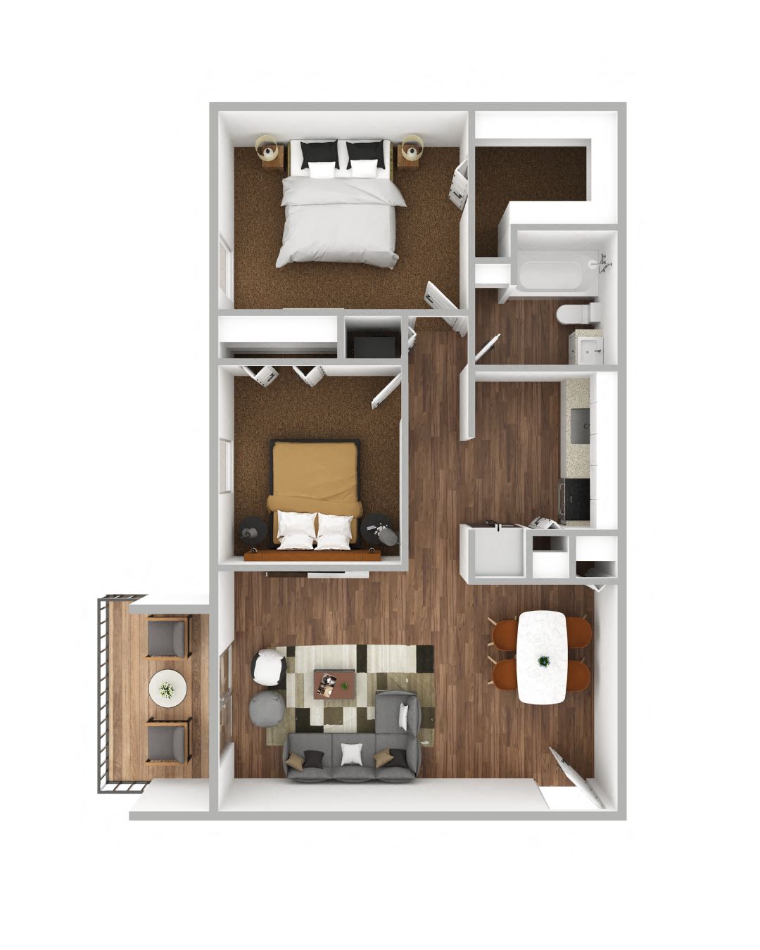 Overhead model of the Parkway Crossing French Broad Floorplan, with two bedrooms, one bathroom, luxury vinyl tile flooring, a balcony and a living room.